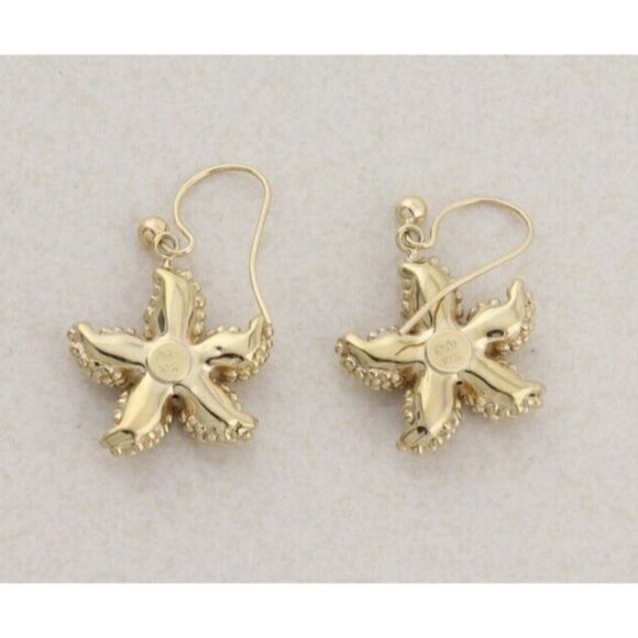 10k Yellow Gold Puffy Starfish Seashell Earrings Dangle Drop - Picture 3 of 7